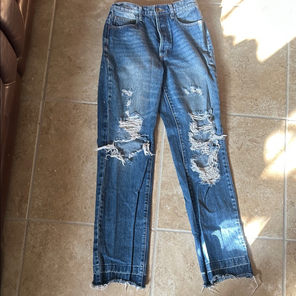 Cello Distressed High Risw Straight Leg Jeans - Blue